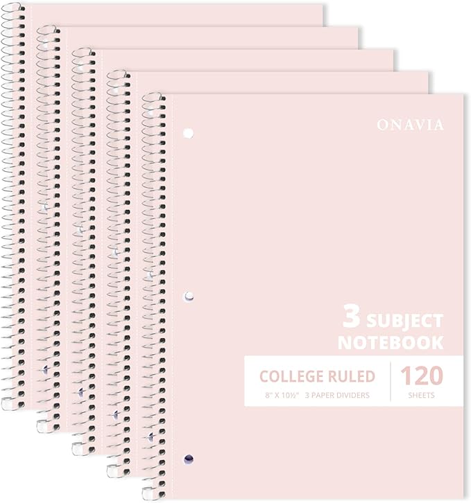 ONAVIA Pink 3 Subject Spiral Notebook College Ruled 5 Pack, 240 Pages | 120 Sheets, 8 x 10.5 in, 3 Dividers, Double-Sided Pockets, School Notebook, Study, Homework, Students