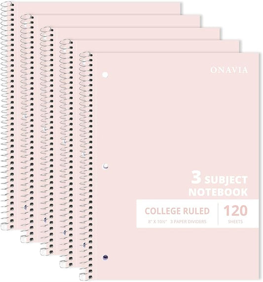 ONAVIA Pink 3 Subject Spiral Notebook College Ruled 5 Pack, 240 Pages | 120 Sheets, 8 x 10.5 in, 3 Dividers, Double-Sided Pockets, School Notebook, Study, Homework, Students