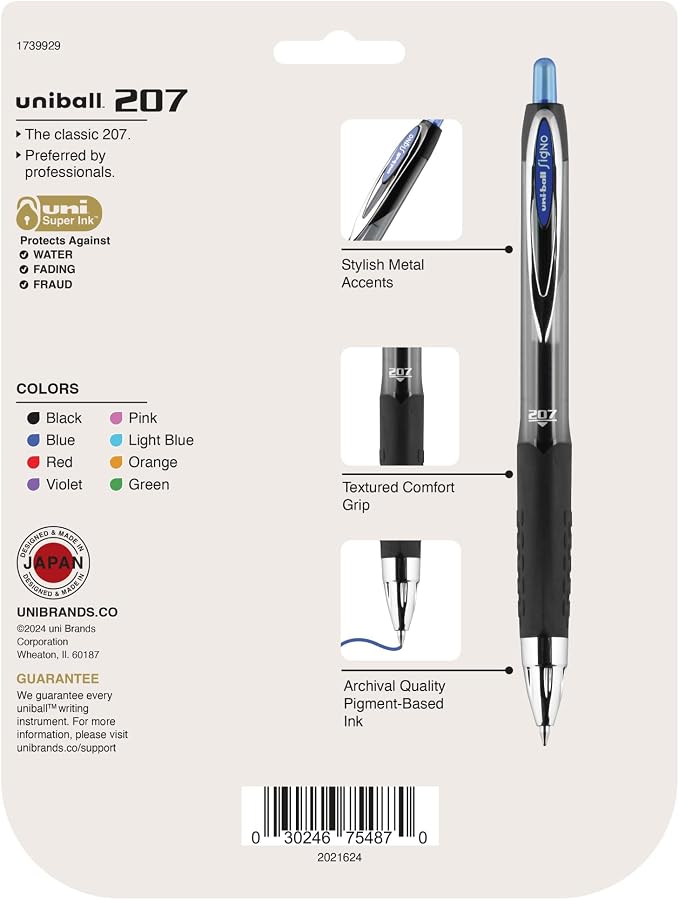 uniball 207 Fashion Retractable Gel Pens, Medium Point (0.7mm), Assorted, 8 Pack
