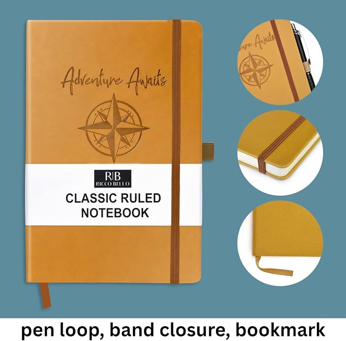 RICCO BELLO Lined Journal Notebook, Adventure Travel | Faux Leather Hardcover, With Pen Holder, 96 Sheets/192 Pages, College Ruled, 5.7 x 8.4 Inches