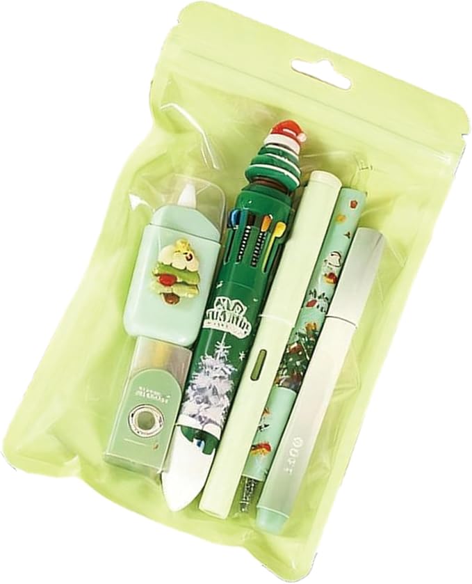 MOZXIRZ 6 Pcs Cute Christmas Stationery Set for Women Men Xmas School Supplies Office Supplies Including Gel Ink Pens Ballpoint Pens Pencil Eraser Christmas Gift (Xmas-Green)