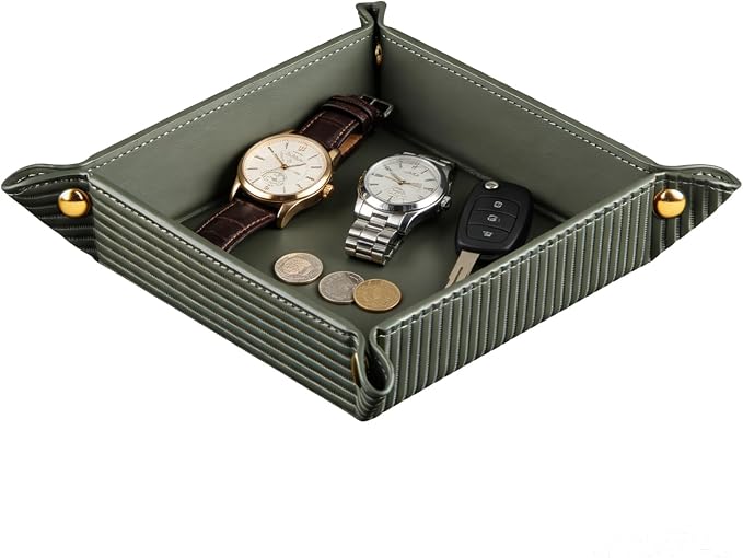 YAPISHI Light Luxury Valet Tray for Men, PU Leather Vanity Jewelry Tray & Decorative Perfume Catchall, Folding Travel EDC Dump Tray, Nightstand Organizer Caddy for Keys, Watches, Coin Bowl Dish