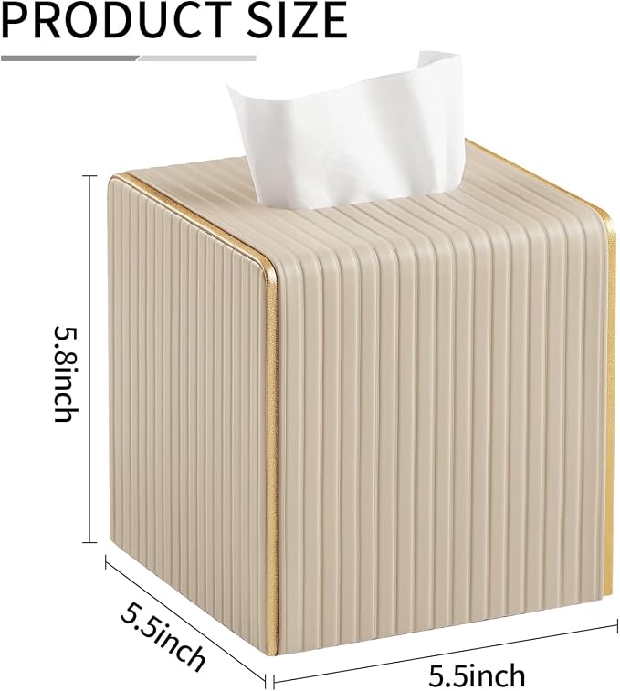 Square PU Leather Tissue Box Cover with Magnetic Closure, Decorative Tissue Holder & Storage Container for Bedroom, Living Room, Dining Room, Bathroom, Countertop, Desk & Office (Beige)