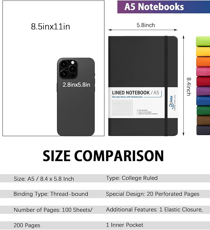 Dynta Hardcover Journals Bulk, 10 Packs A5 Lined Notebooks for Writing 200 Pages/100Sheets, 8.4 x 5.8 inch, 10 Colors Classic Ruled Notebook for Work/Note Taking/College