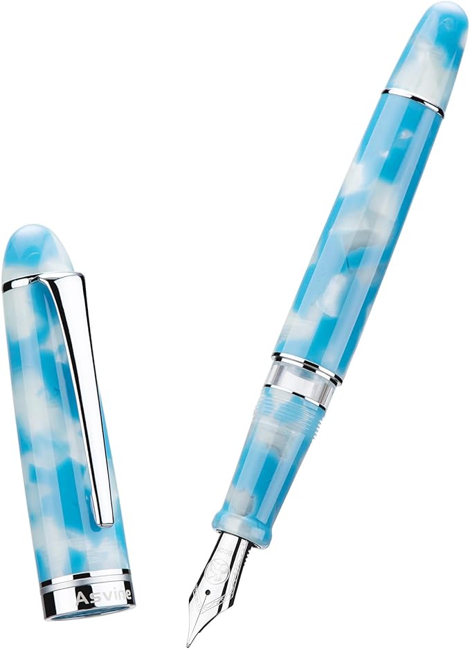 Asvine P50 Piston Fountain Pen Bock Extra Fine Nib Sky Blue Resin, Silver Trim Smooth Writer Collection with Pen Case Gift Set