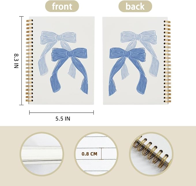 Bow Notebook Journal, Retro Coquette Bowknot Bow Spiral Notebook, Coastal Granddaughter Aesthetic College Ruled Hardcover Spiral Notebook Journal for Work Notes Journaling 5.5x8.3