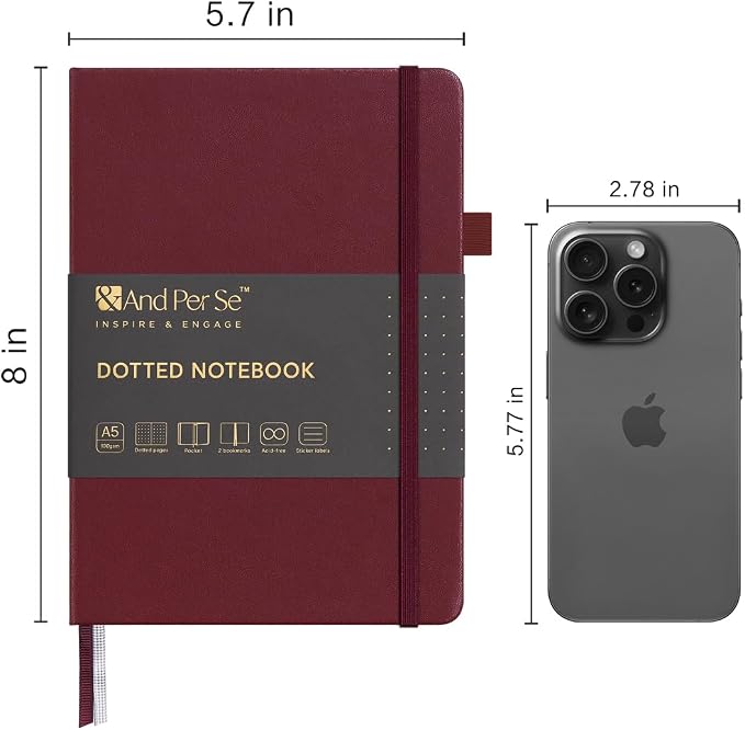 &And Per Se Dotted Journal Notebook, A5 Hardcover Leather Dotted Journal, 160 Pages 100gsm Thick Dot Grid Paper, 3 Sheets of Stickers Included - 5.7'' x 8'' (Dark Red)