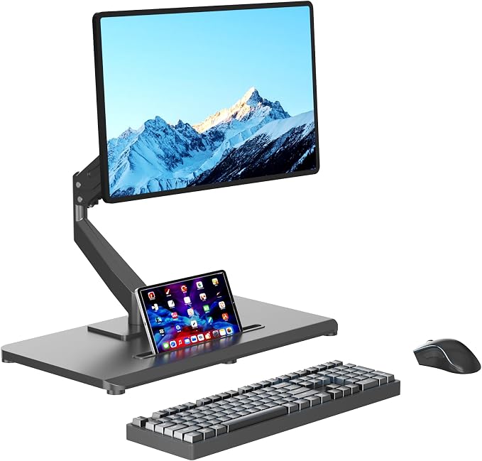 Pholiten Adjustable Monitor Arm with Gas Spring for 17-32 inch Screens,Pneumatic VESA Computer Mount with Base,Freestanding Full Motion Monitor Desk Stand Holds up to 22 lbs.