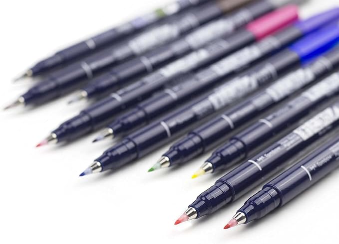 Tombow 56429 Fudenosuke Colors Brush Pens, 10-Pack. Hard Tip Fudenosuke Brush Pens in Assorted Colors for Calligraphy and Art Drawings