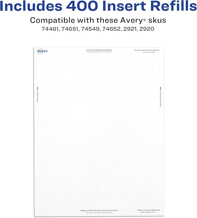 Avery Customizable Name Badge Inserts, 2.25" x 3.5", White, 400 Printable Name Tag Inserts (5390), Pack of 5