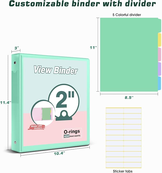 3 Ring Binder 2 inch，Cute Binder Organizer with 5 Tab Dividers Fits 175 Sheets of 8.5x11 Paper, Customizable Clear Cover with Inside Pockets, Aesthetic 2" Three Ring Binders for School Office，Green