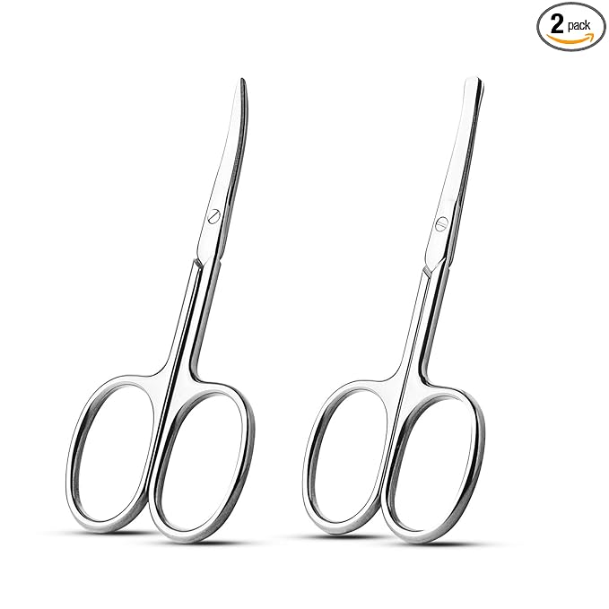 Facial Hair Small Grooming Scissors For Men Women - Eyebrow, Nose Hair, Mustache, Beard, Eyelashes, Ear Trimming Kit - Curved and Rounded Safety Tip Clippers For Hair Cutting 2PCS With Cover Sliver