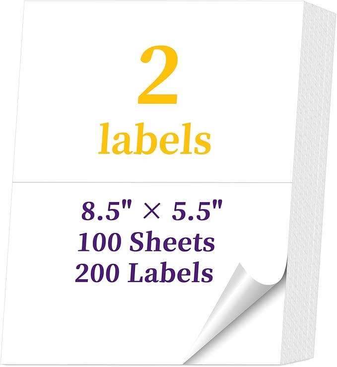 100 Sheets 200 Labels Half Sheet Shipping Labels 8.5" x 5.5" Self Adhesive Sticker Sheets for Laser & Inkjet Printers,2 Per Page Mailing Labels