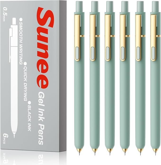 SUNEE Gel Pens, 6 Pack 0.5mm Pens Fine Point Smooth Writing Pens with Quick-Dry Black Ink, Cute Aesthetic School Office Note-Taking Pens for Journaling - Light Green
