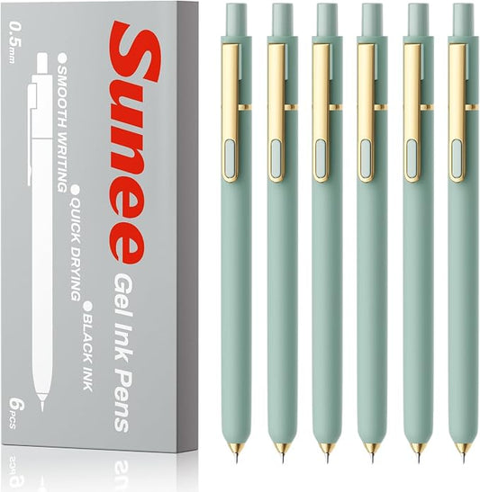 SUNEE Gel Pens, 6 Pack 0.5mm Pens Fine Point Smooth Writing Pens with Quick-Dry Black Ink, Cute Aesthetic School Office Note-Taking Pens for Journaling - Light Green