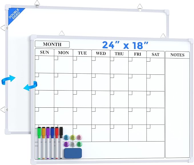 MaxGear Monthly Calendar Dry Erase Board for Wall, 24"x18", Aluminum Frame | Double-sided, magnetic surface, Includes 6 Markers & 6 Magnets, portable for Planning, Memo, to Do List, Home Office Kitchen