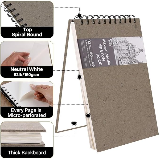 5.8" x 8.3" Mixed Media Sketch Book,Spiral Bound Hardcover Sketchbook,60 Sheets 92lb/150gsm Neutral White Acid Free Paper,Art Journal Sketchbook for Drawing Writing Sketching Illustration,Dark Grey