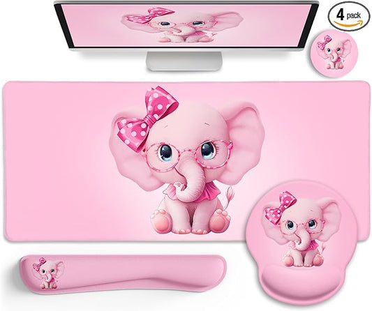 LIMKRIAN Elephant Mouse Pad Large Desk Mat Set, Kawaii Pink Desk Decor | Ergonomic Mouse Pad Wrist Rest, XXL Computer Mat Keyboard Wrist Support, Coaster, Elephant Office Supplies Desk Accessories