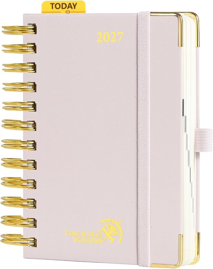 POPRUN 2027 Daily Planner One Page Per Day, Small 4.25" x 6.25", Calendar Book from Jan 2027 - Dec 2027, Hardcover Appointment Book with Hourly Time Slots, Spiral Bound - Light Pink