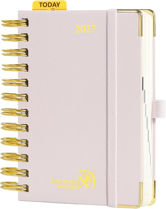 POPRUN 2027 Daily Planner One Page Per Day, Small 4.25" x 6.25", Calendar Book from Jan 2027 - Dec 2027, Hardcover Appointment Book with Hourly Time Slots, Spiral Bound - Light Pink