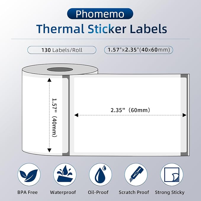 Phomemo Transparent Thermal Labels, 1.57" x 2.36" (40x60mm), Self-Adhesive Thermal Printer Paper, 130 Labels/Roll, for Phomemo M110/M220/M120/M150/M250 Label Printer, Clear