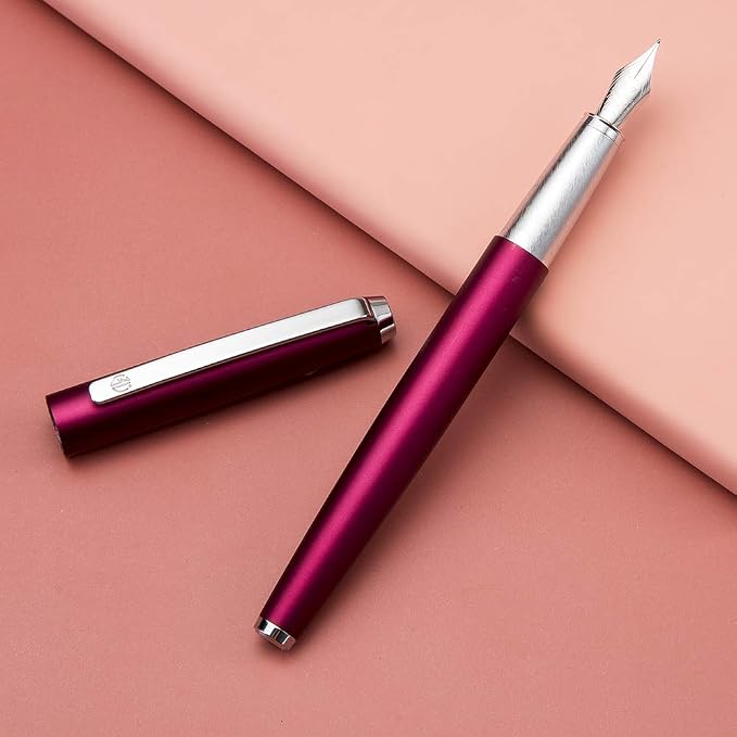 HongDian 525 Purple Metal Fountain Pen Bent Nib, Calligraphy Fude Pen 0.6mm with Converter and Metal Box Set
