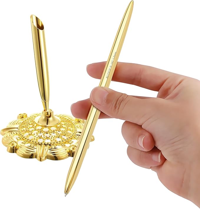 Hollow Round Pen Holder Signing Pen Set for Wedding Bridal Engagement Valentine's Day Favors,Golden