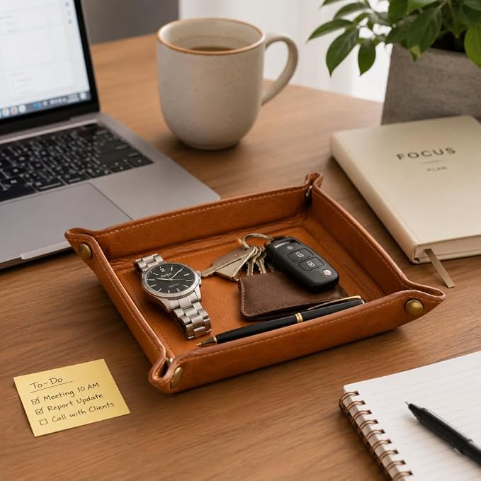 Tolredo Handmade Top Grain Leather Valet Tray – Elegant Organizer for Wallet, Keys, and Phone – Saddle Tan (6X6") (Pack of 2)