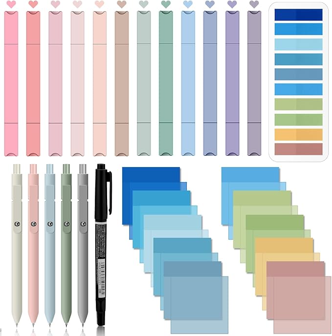 Jutom 38 Pcs Book Annotation Kit for Bible Journaling Study, Aesthetic Highlighters Pens, Index Tabs, Sticky Notes, Markers for Annotating Books Bible Page Tabs Supplies(Blue Series,Square)