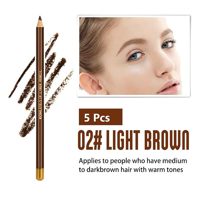 FeiCuiYun 5Pcs Wooden Hard-Core Eyebrow Pencils for Women, Light Brown Eyebrow and Eyeliner Pencil, Long Lasting Waterproof and Sweat-Proof, Beginner Makeup Brow Pencil, Create a Natural Eye Brow