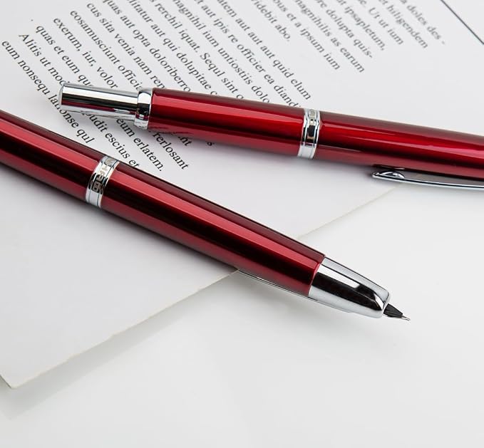 JINHAO 10 Press Fountain Pen, Retractable Metal Pen with Ink Converter (EF Nib 0.38mm, Red)