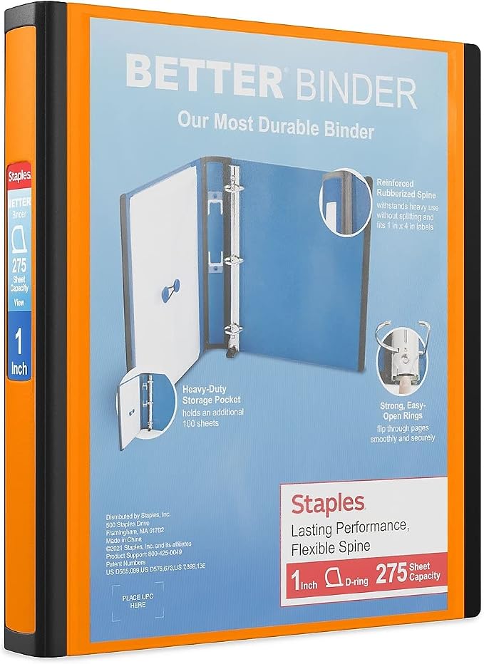 Staples Better Binder 1‑Inch D‑Ring 3‑Ring View Binder, Durable High‑Quality Binder for Office & School Organization, Orange