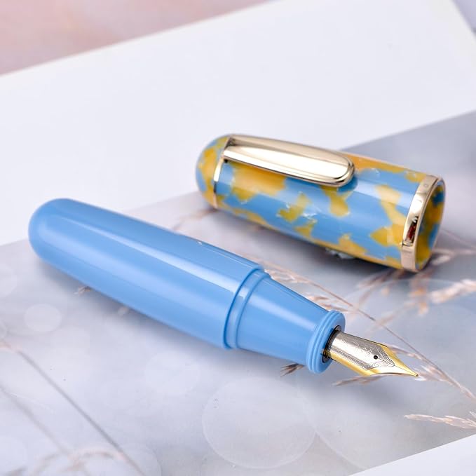 Lanxivi Majohn Q1 Fountain Pen Fine Nib Sky Blue Acrylic, Little Fat Man Eyedropper Filling Pocket Pen Large Capacity