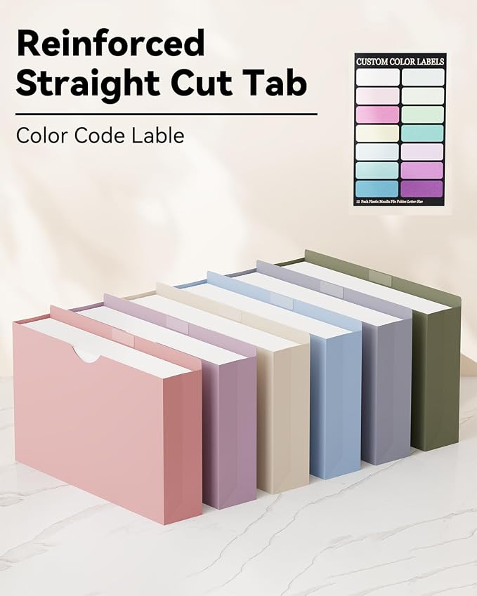 ANSOOK Plastic File Jackets,3" Legal Size Manila File Folder,12 Pack Expandable Project File Folders,Expanding File Jacket Folders for Cabinet,Straight Cut Tab,Manila Job Folder for Home Office