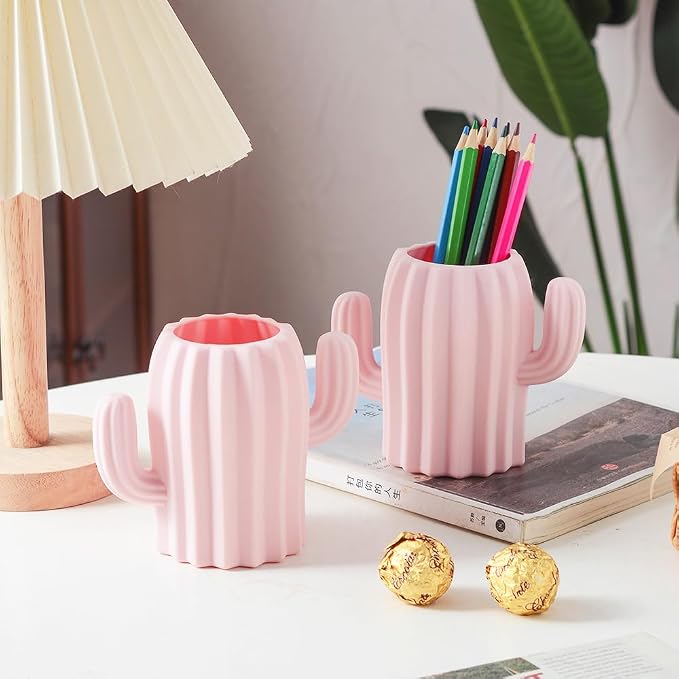 Silicone Pen Holder Cactus Pencil Holder Cute Pens Cup for Desk for Kids Office Decor Desk Accessories Makeup Brush Holder, Toothbrush holder Gift for Girls (Pink)