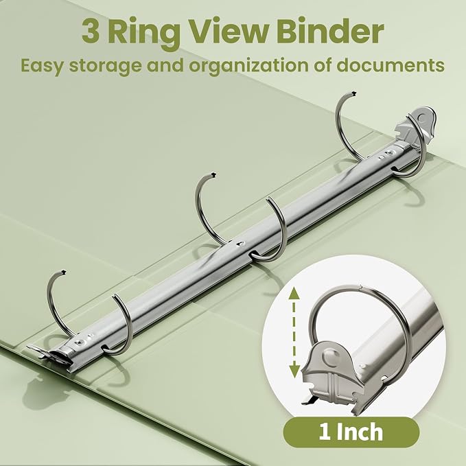 SUNEE 1 Inch Binders 3 Ring 6 Pack, Clear View Three Ring Binder PVC-Free (Fit 8.5x11 Inches) for School or Office Supplies, Sage Green