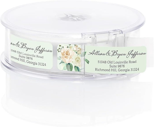 Green Watercolor Floral Rolled Address Labels / 500 Personalized Return Address Labels/Designer Address Stickers in Elegant Plastic Dispenser