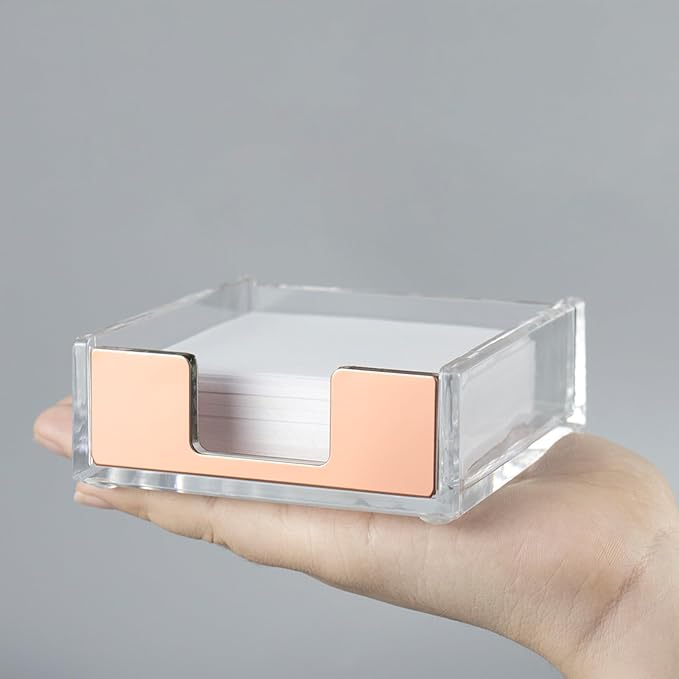 NatSumeBasics Rose Gold Clear Acrylic Sticky Note Holder, Desktop Memo Cube Holder Note Pad Dispenser, Aesthetic Desk & Office Accessories