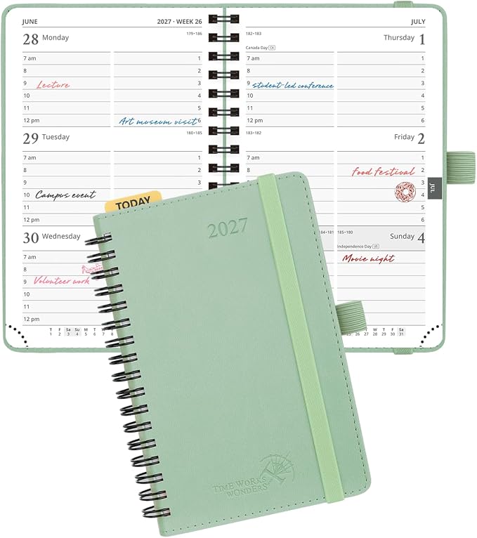POPRUN 2027 Pocket Planner (Small-4'' x 6.25'') Weekly and Monthly Calendar | 2027 Agenda(Jan - Dec) Appointment Book with Hourly Time Slots, Monthly Tabs, 100GSM, Spiral Leather Cover - Celadon Green