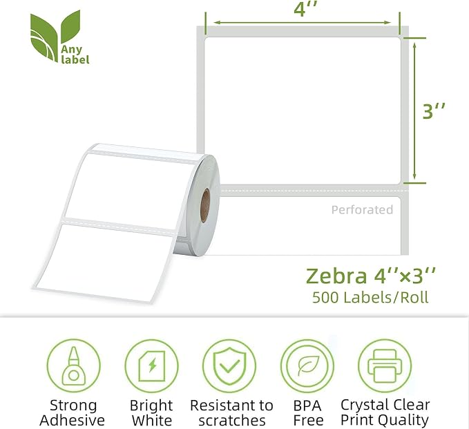 4" x 3" Direct Thermal Labels, Thermal Printer Labels for Shipping Address Barcodes, Thermal Stickers Compatible with Zebra, Rollo, Munbyn Thermal Labels Printers (12 Rolls, 500 Labels/Roll)