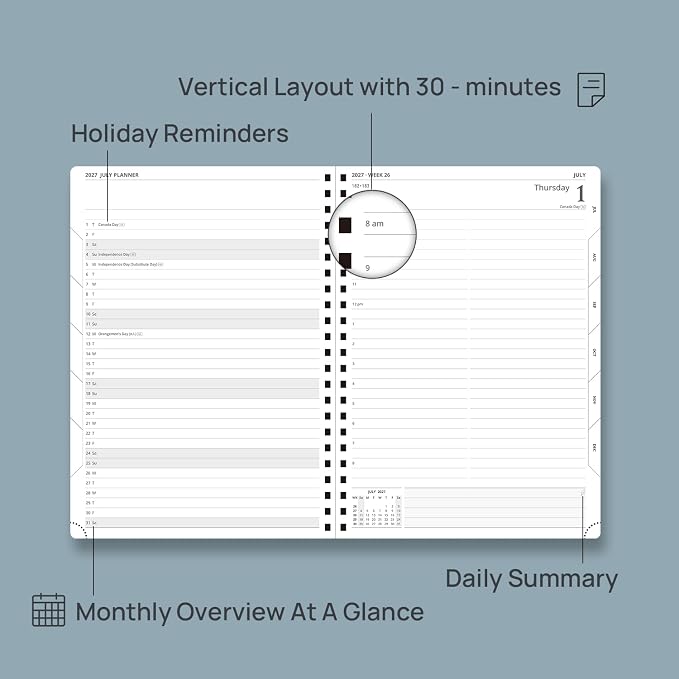 POPRUN 2027 Daily Planner One Page Per Day, Large 8.5" x 12", Calendar Book from Jan 2027 - Dec 2027, Hardcover Appointment Book with Hourly Time Slots, Spiral Bound, Monthly Tabs - Burgundy