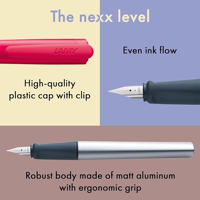 LAMY nexx crimson – Fountain Pen with slip-proof grip & polished Left-Handed steel nib (LH) in size M - triangular aluminum body - including LAMY T 10 blue cartridge | Lamy Fountain pen with non-slip grip - triangular aluminium housing - incl. ink cart...