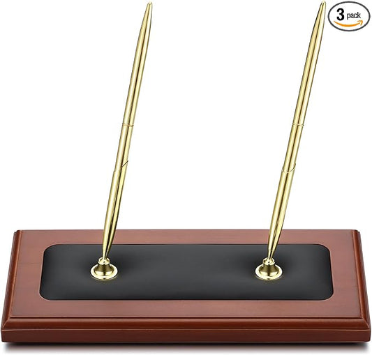 Fuyoooo Wood & Leather Double Pen Holder Desk Sets and Accessories Luxury Stand with Desk Pen for Guest Book Office Business Teacher Wedding Birthday Party Graduation