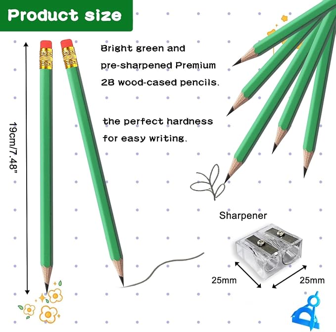 Adhere 25pcs Woodcase Pencils with Eraser Premium Pre-Sharpened Hexagon Graphite 2B pencils ideal for home, office writing including a Free Sharpener (Light green・25pcs)