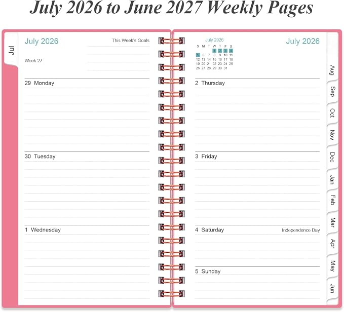 2026-2027 Pocket Planner/Calendar - 2026-2027 Planner from July 2026 - June 2027, Planner 26-27 with 12 Tabs, Twin-Wire Binding, Inner Pocket, 3.75" x 6.75, Pink