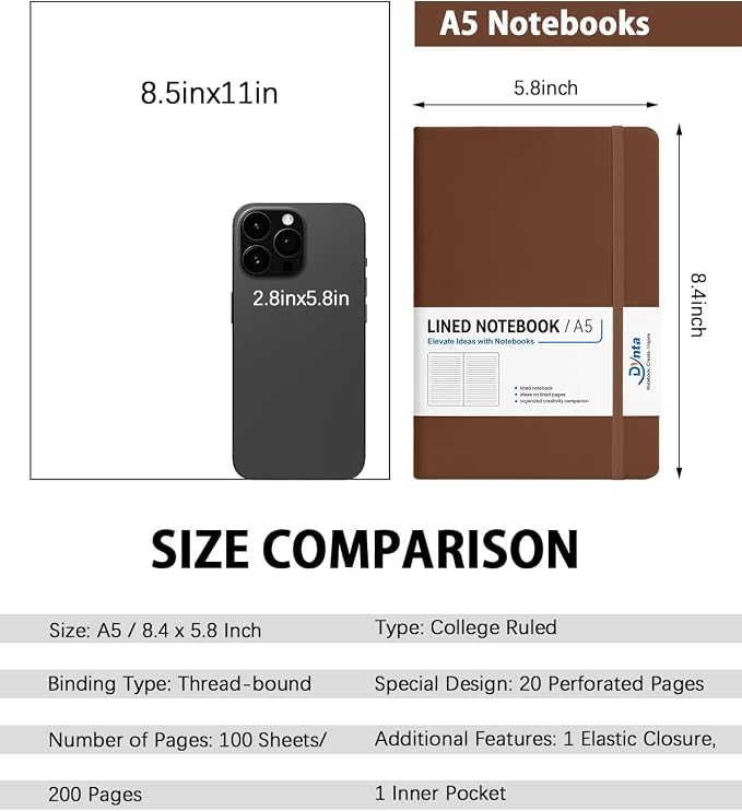 Dynta Hardcover Journal Notebooks, 10 Packs A5 Lined Journals Bulk for Writing 200 Pages/100Sheets, 8.4 x 5.8 inch, Classic Ruled Notebook for Work/Travel/College/Note Taking(Brown)