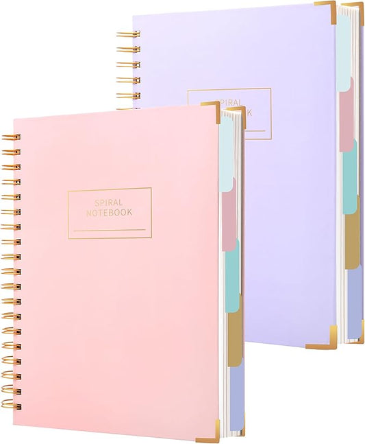 Yoment 2 Pack 5 Subject Notebook College Ruled, Hardcover Spiral Notebooks for Work School, B5 Multi Subject Notebook with Tabs Dividers, 240 Pages Lined Journal for Women Men, Pink&Purple