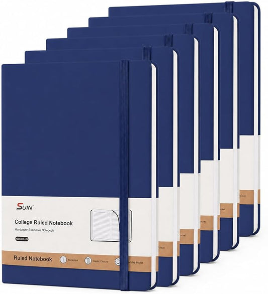 SUIN Hardcover-Journal-Notebooks, A5 Lined Journals Notebook for Writing 200 Pages, 8.2 x 5.5 inch, Classic Ruled Notebooks for Work/Travel/College (Navy Blue- 6 Pack)