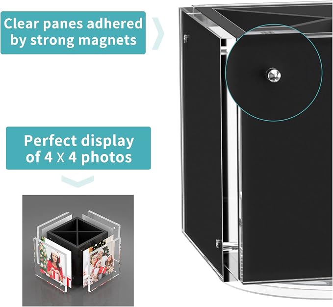 HIIMIEI Acrylic Picture Frames for Desk, Magnetic Photo Cube Pen Holder 4x4 | 360° Rotating Desktop Organizer, for Pencil, Makeup Brushes, Home, Office, Black