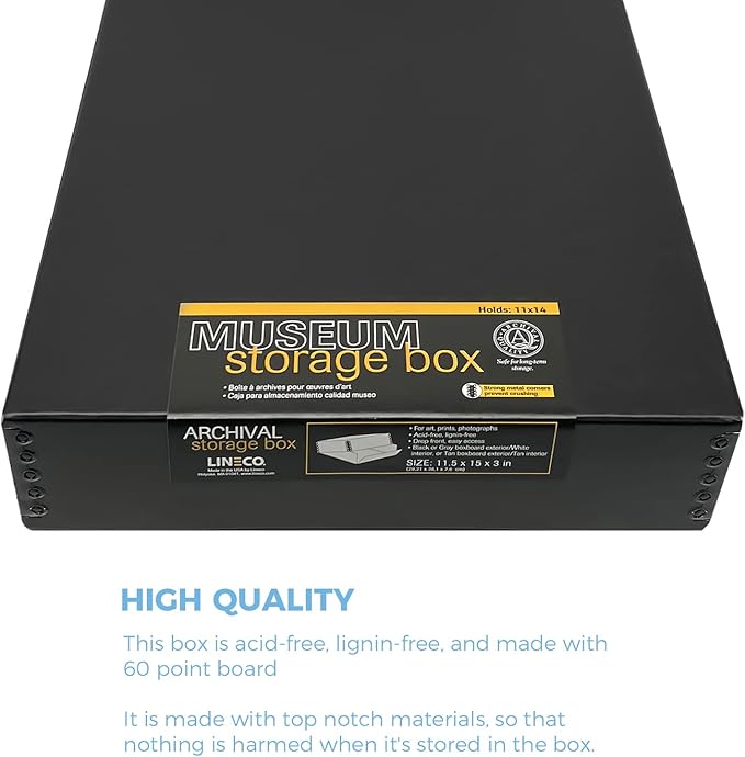 Lineco 11x14 Black Museum Archival Storage Box, Drop Front, 11.75x15x3 in. | Acid-Free with Metal Edge. Preserves Picture Longevity, Organize Photos or Documents, Crafts, DIY.
